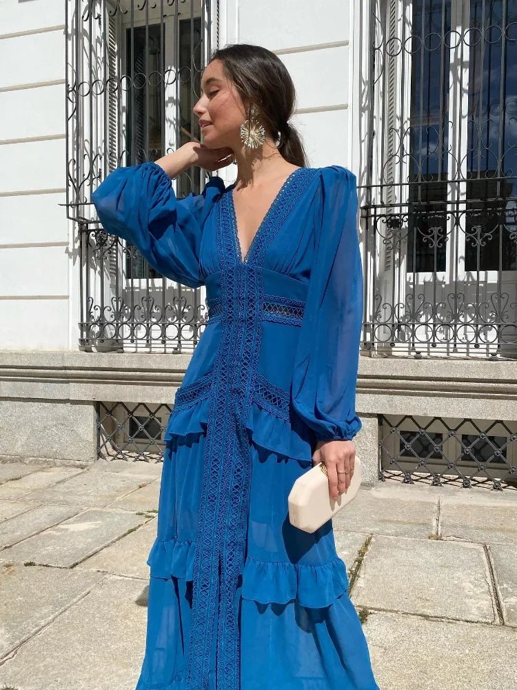 Beatrice Deep V-Neck Ruffle Maxi Dress