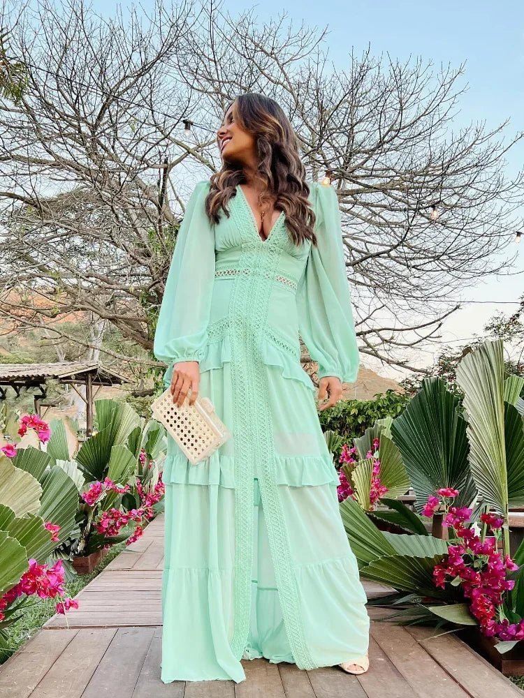 Beatrice Deep V-Neck Ruffle Maxi Dress