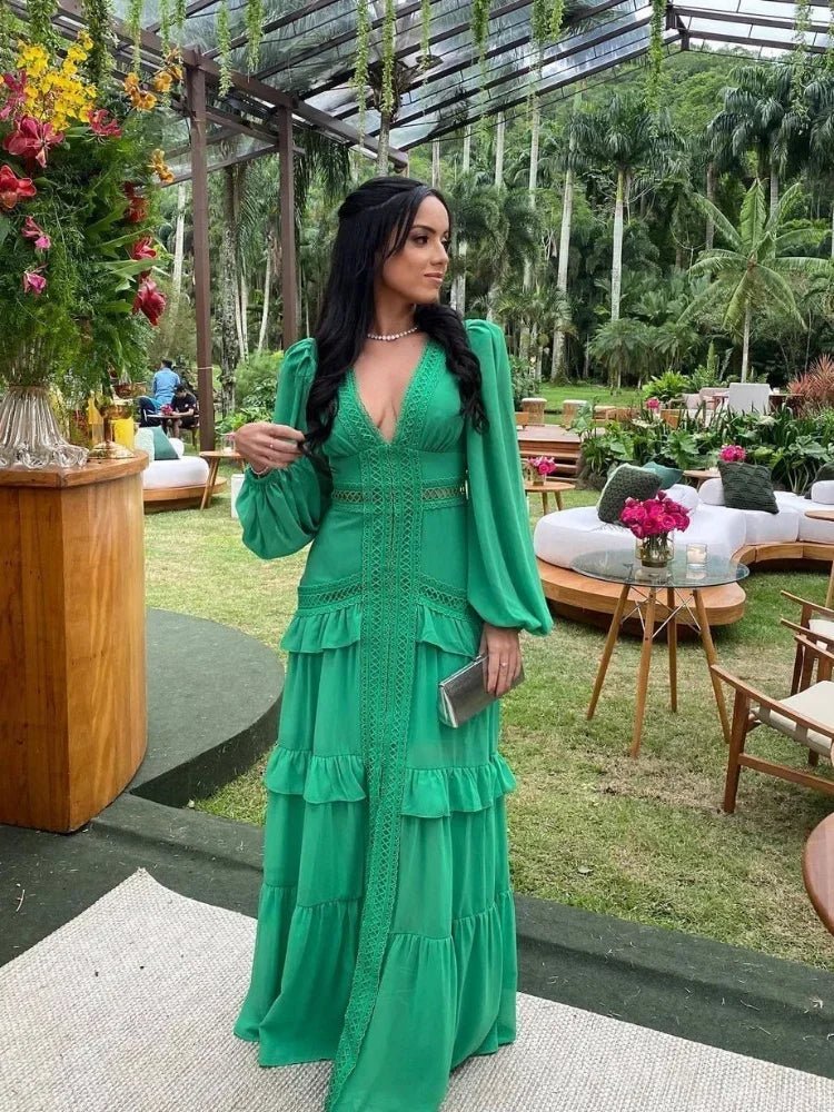 Beatrice Deep V-Neck Ruffle Maxi Dress