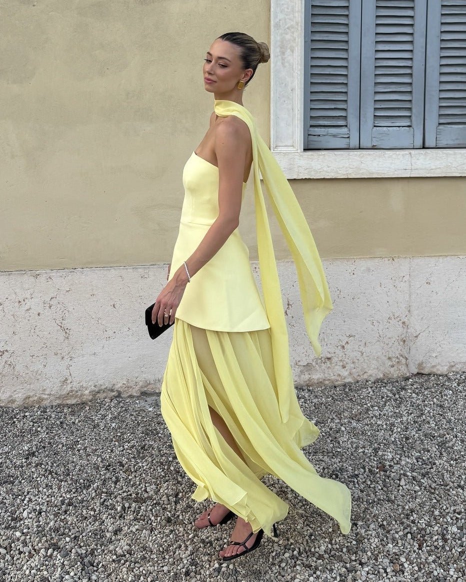 Ophelia Asymmetric Sheer Maxi Dress