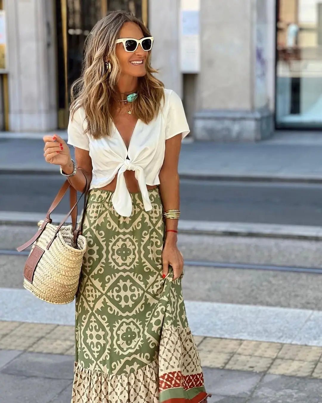 Rhea Boho Printed Midi Swing Skirt