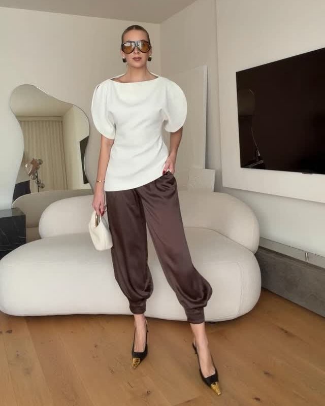Τοπ Sienna από τρικό με φουσκωτά μανίκια
