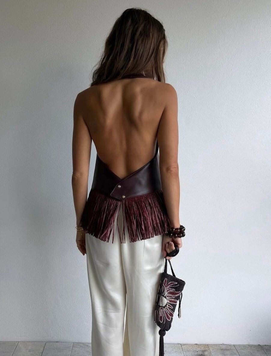 Sierra Faux Leather Fringe Halter Top