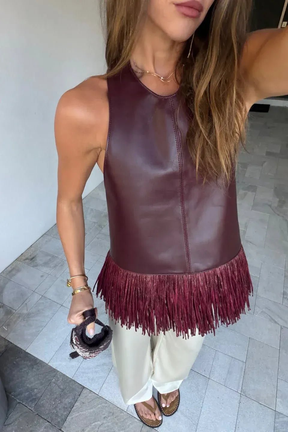 Sierra Faux Leather Fringe Halter Top