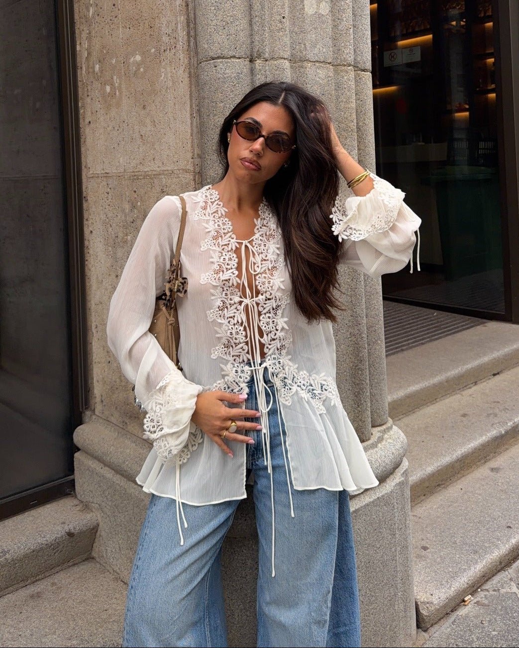 Simone Front-Tie Lace Appliqué Top