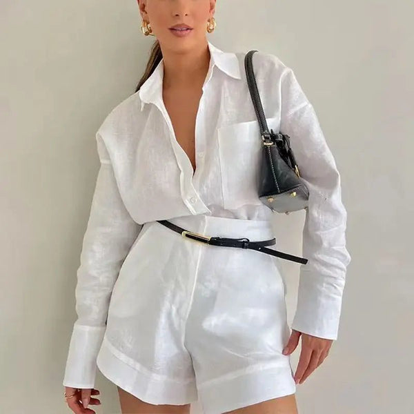 Λινό σετ Solenn με μακριά μανίκια, ψηλόμεσο σορτς
