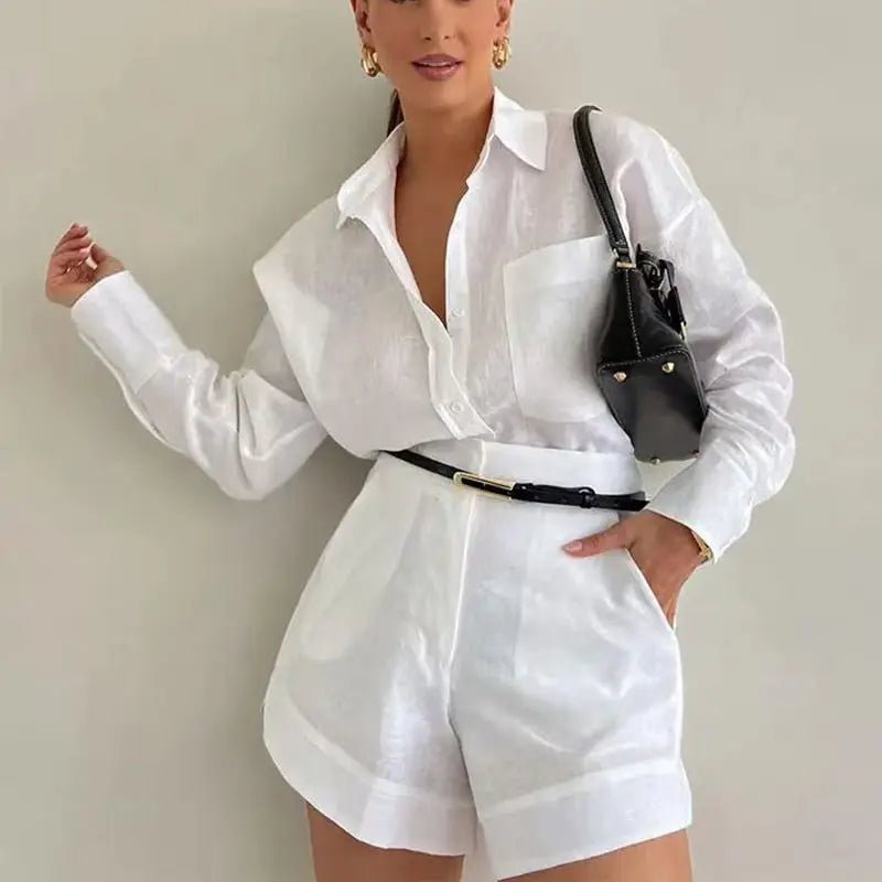 Λινό σετ Solenn με μακριά μανίκια, ψηλόμεσο σορτς