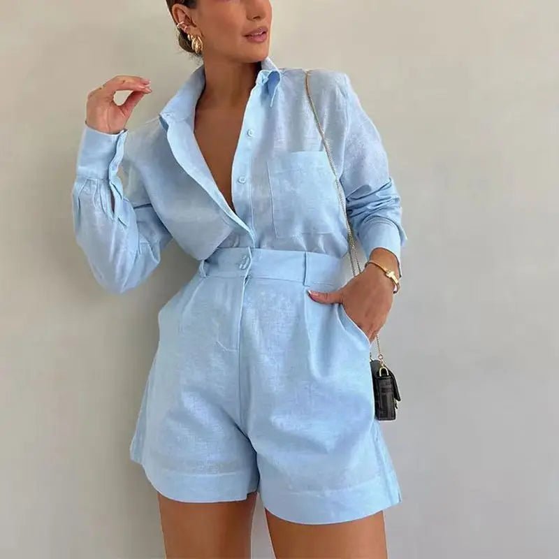 Λινό σετ Solenn με μακριά μανίκια, ψηλόμεσο σορτς