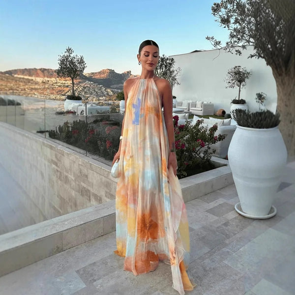 Μάξι φόρεμα Sophia με halter λαιμόκοψη και κορδόνια