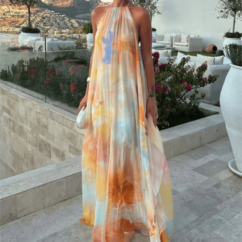 Μάξι φόρεμα Sophia με halter λαιμόκοψη και κορδόνια