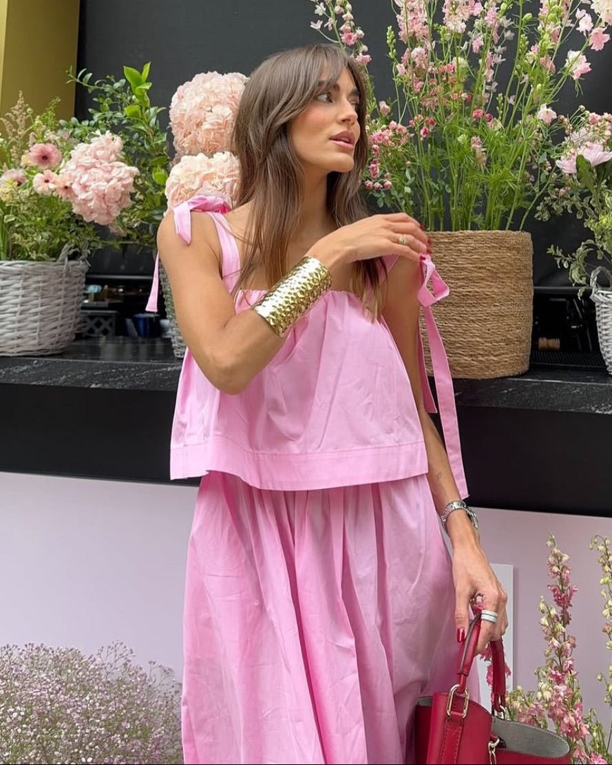 Ροζ κλιμακωτό μίντι φόρεμα Sophia με φιόγκο