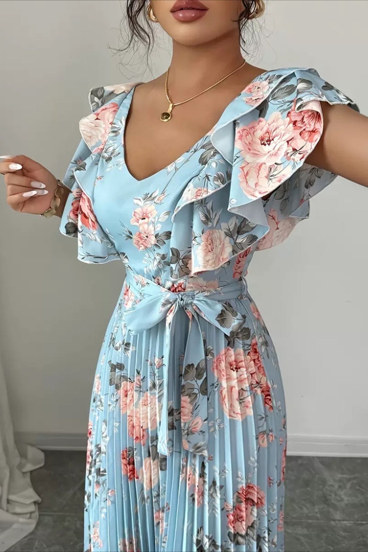 Valentina Floral V-Neck Ruffle Sleeve Maxi Dress