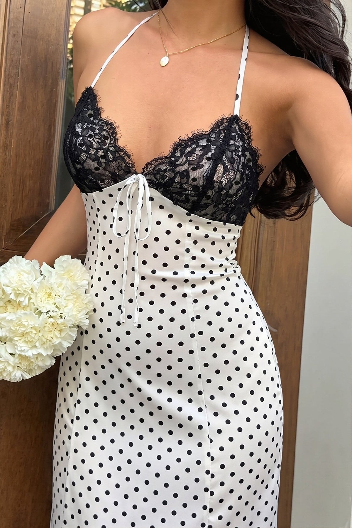 Μάξι φόρεμα Zoe με πουά και halter λαιμόκοψη