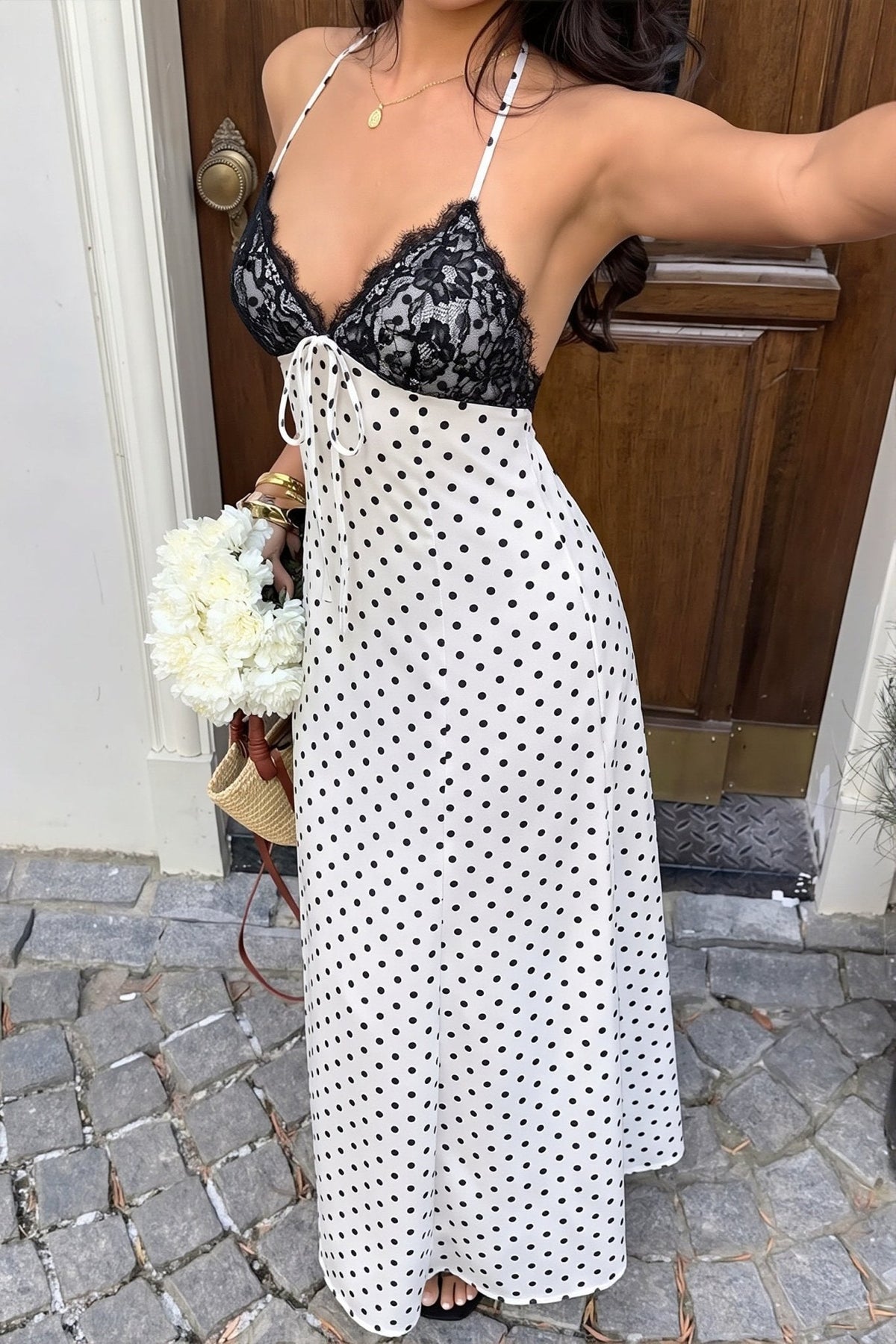 Μάξι φόρεμα Zoe με πουά και halter λαιμόκοψη