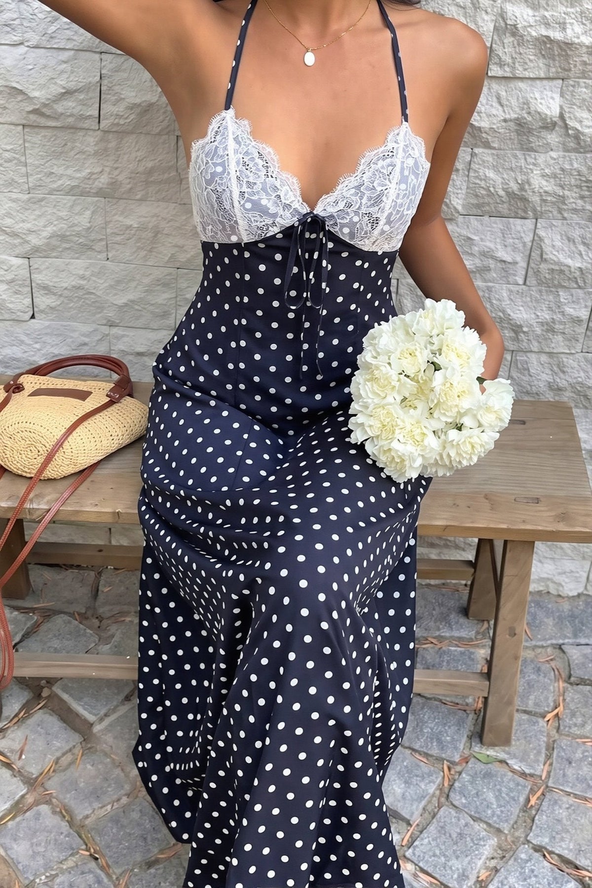 Μάξι φόρεμα Zoe με πουά και halter λαιμόκοψη