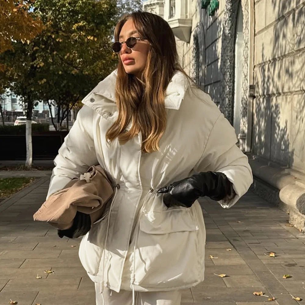 Oda Stand-Collar Padded Coat in ivory – styled look