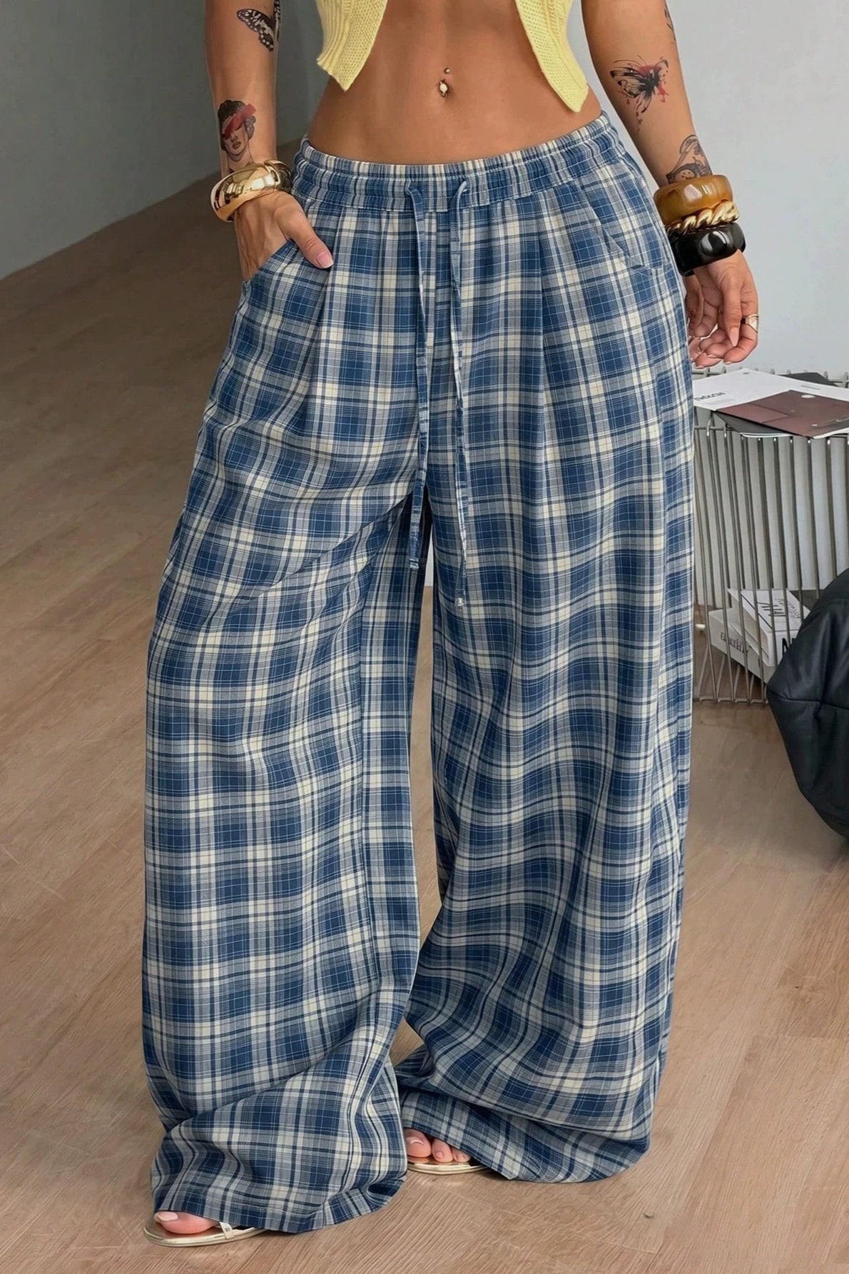 Saga Plaid Drawstring Wide-Leg Pants in blue plaid – styled look