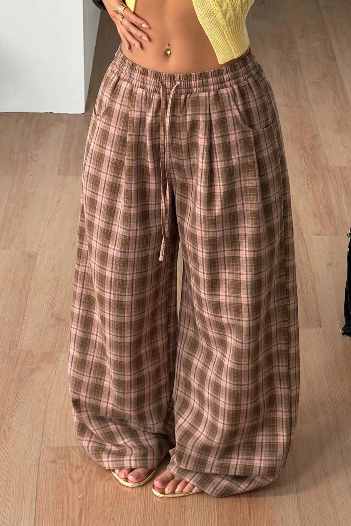 Saga Plaid Drawstring Wide-Leg Pants in brown plaid – styled look