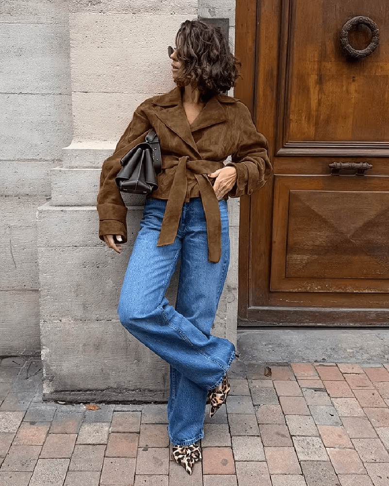 Siena Belted Faux Suede Wrap Jacket in tan brown – styled look