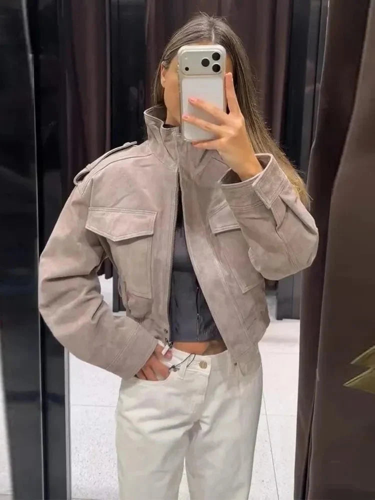 Sigrid Faux Suede Utility Jacket in grey – styled look