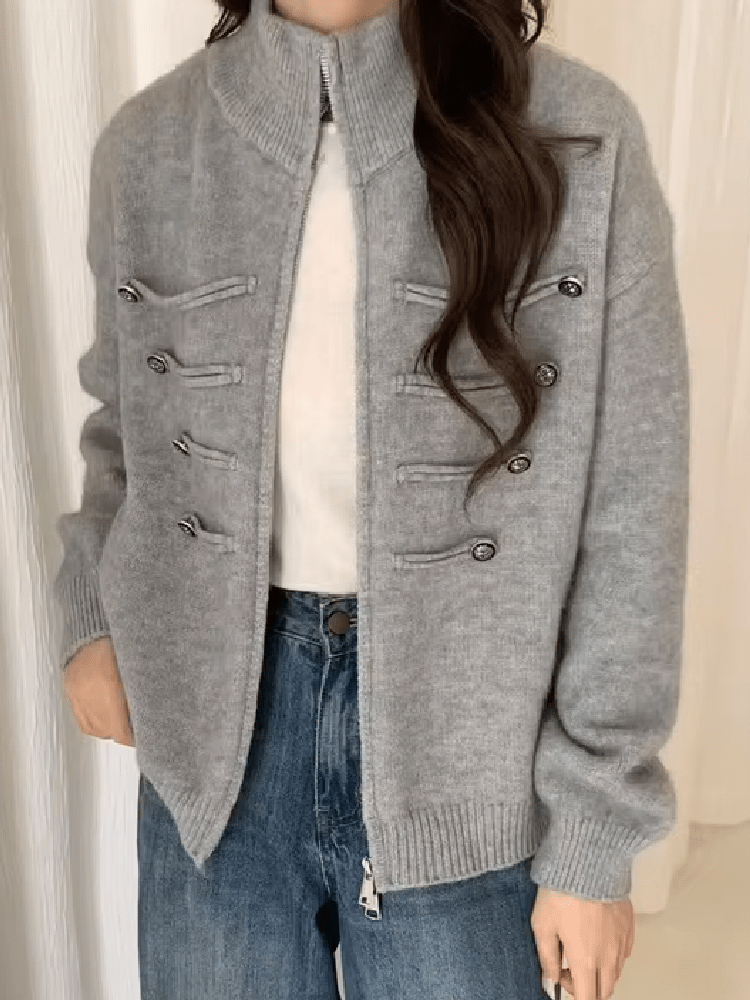 Sofie Turtleneck Zip Knit Cardigan in grey – styled look
