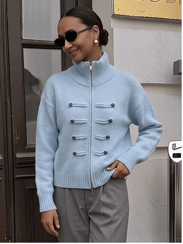 Sofie Turtleneck Zip Knit Cardigan in light blue – styled look
