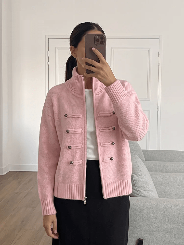 Sofie Turtleneck Zip Knit Cardigan in pink – styled look