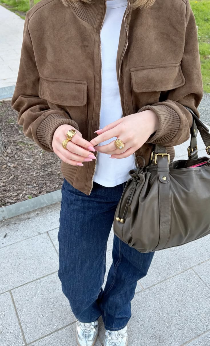 Stella Faux Suede Bomber Jacket in olive brown – styled look