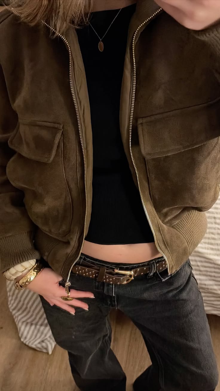 Stella Faux Suede Bomber Jacket in olive brown – styled look