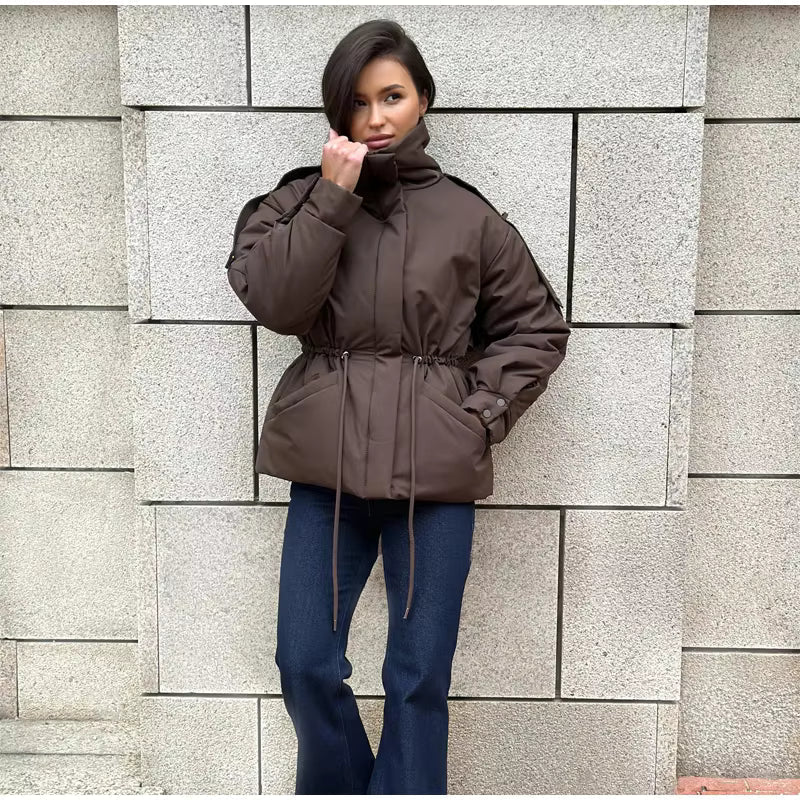 Sunniva Drawstring-Waist Puffer Parka in brown – styled look