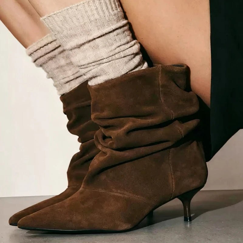 Thea Ruched Faux Suede Ankle Boots in brown – styled look